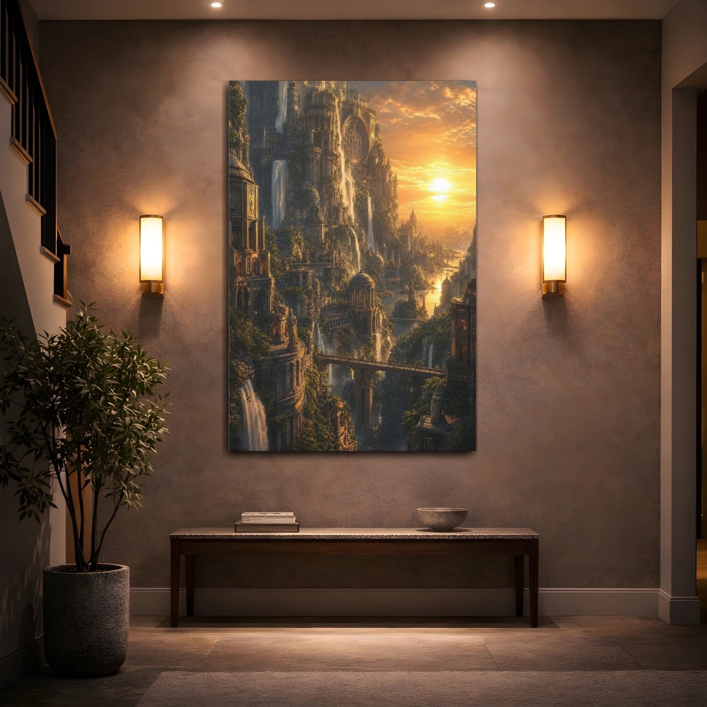 Fairytale Fantasy City Golden Canvas Print – Living Room, Above Console Table, Gold - YesArtYes