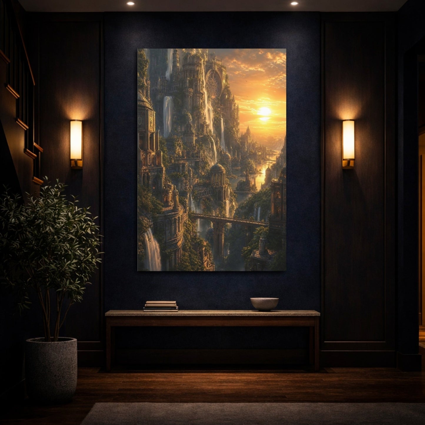 Fairytale Fantasy City Golden Canvas Print – Living Room, Above Console Table, Gold - YesArtYes