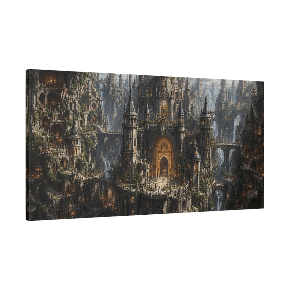 Main Mockup. Fairytale Fantasy City Golden Cityscape shown as stretched canvas wall art
