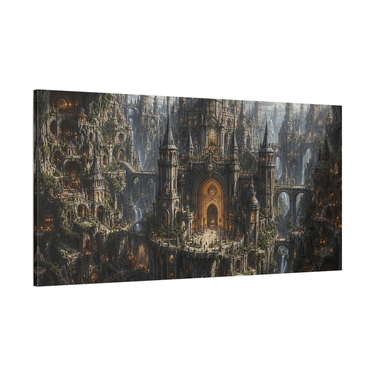 Side Mockup 2. Fairytale Fantasy City Golden Cityscape shown as stretched canvas wall art