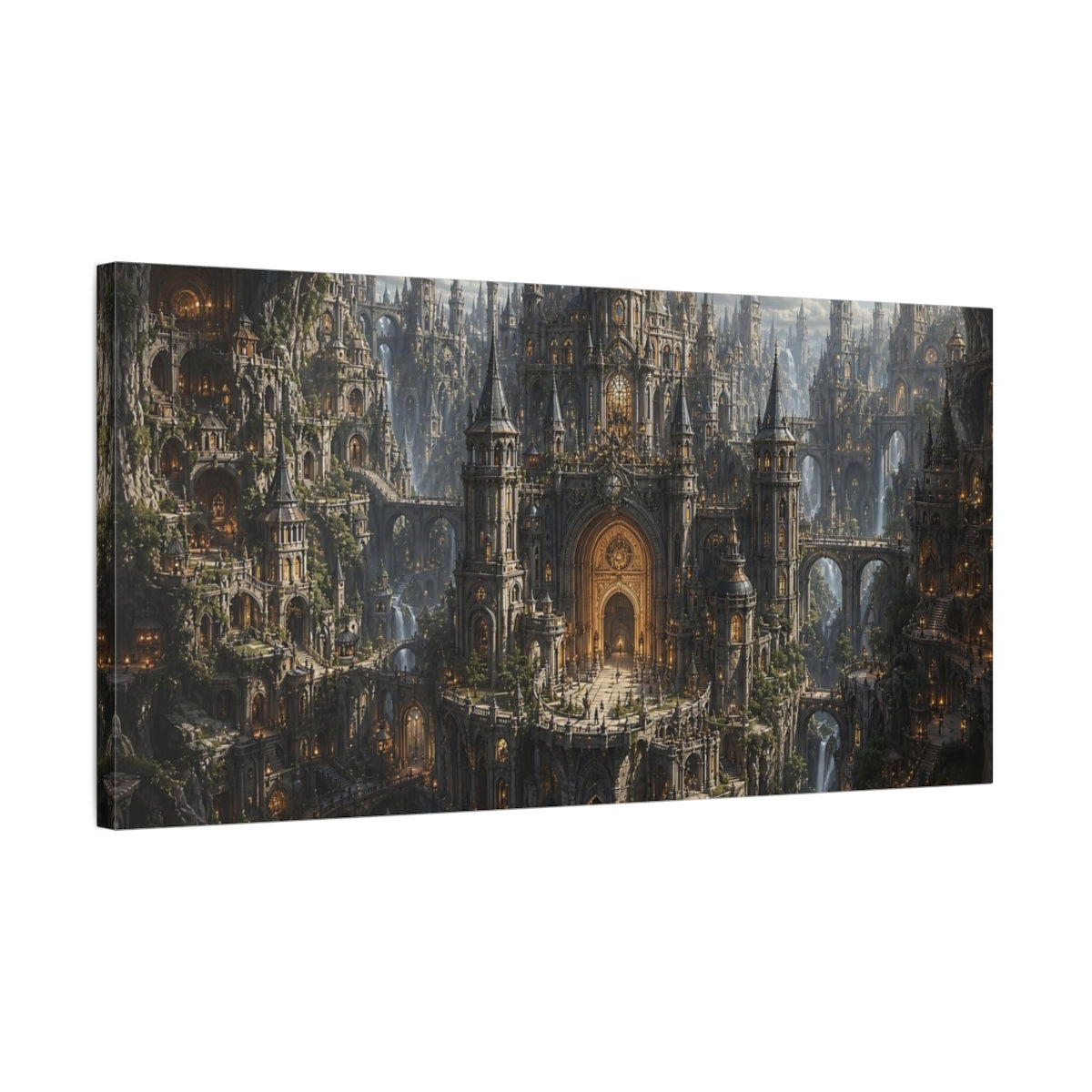 Side Mockup 1. Fairytale Fantasy City Golden Cityscape shown as stretched canvas wall art