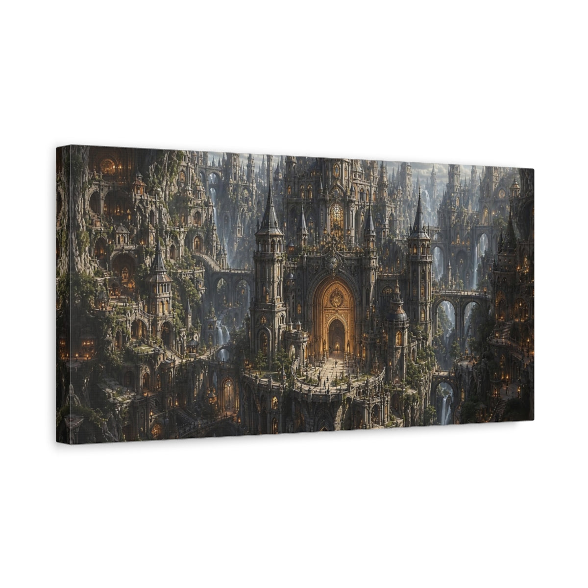 Side Mockup 3. Fairytale Fantasy City Golden Cityscape shown as stretched canvas wall art