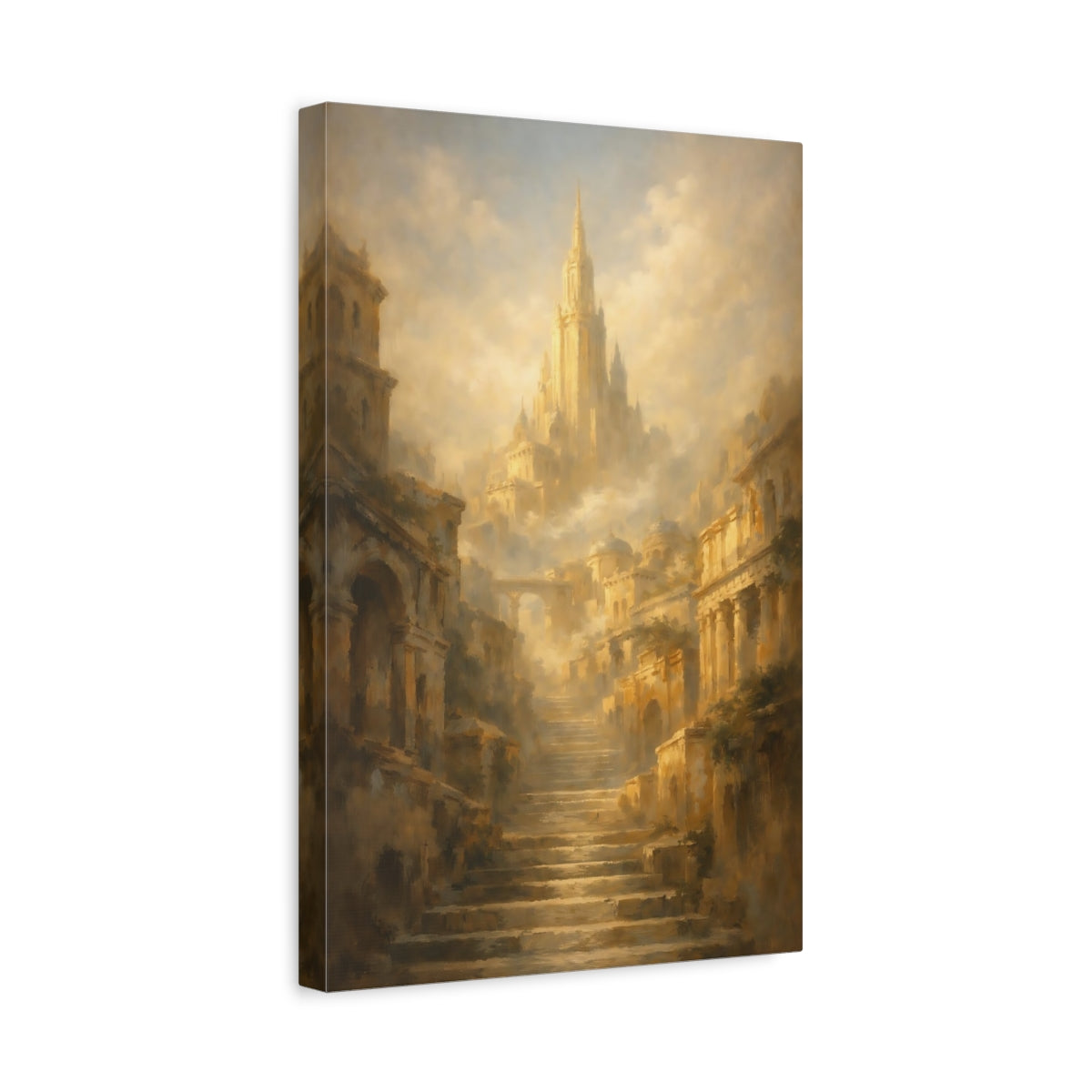 Side Mockup 4. Fairytale Fantasy City Golden Cityscape shown as stretched canvas wall art
