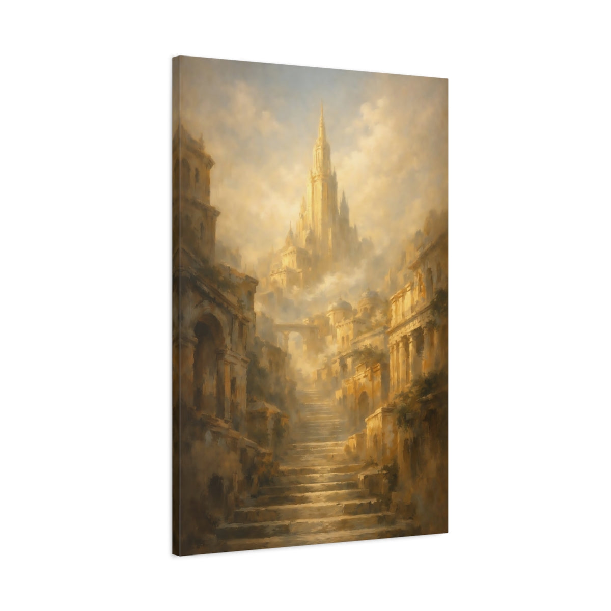 Side Mockup 1. Fairytale Fantasy City Golden Cityscape shown as stretched canvas wall art