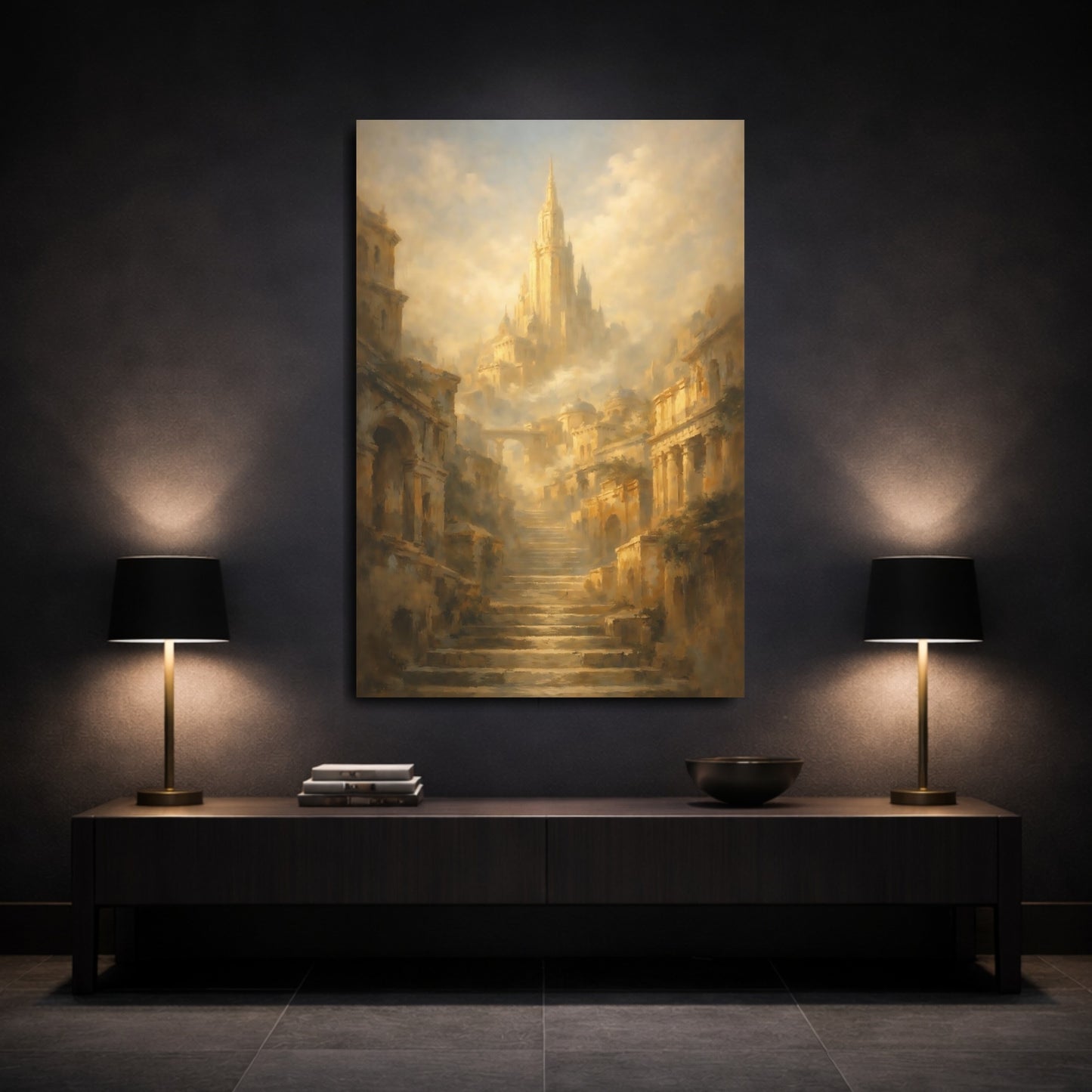 Mockup 2. Fairytale Fantasy City Golden Cityscape shown as stretched canvas wall art