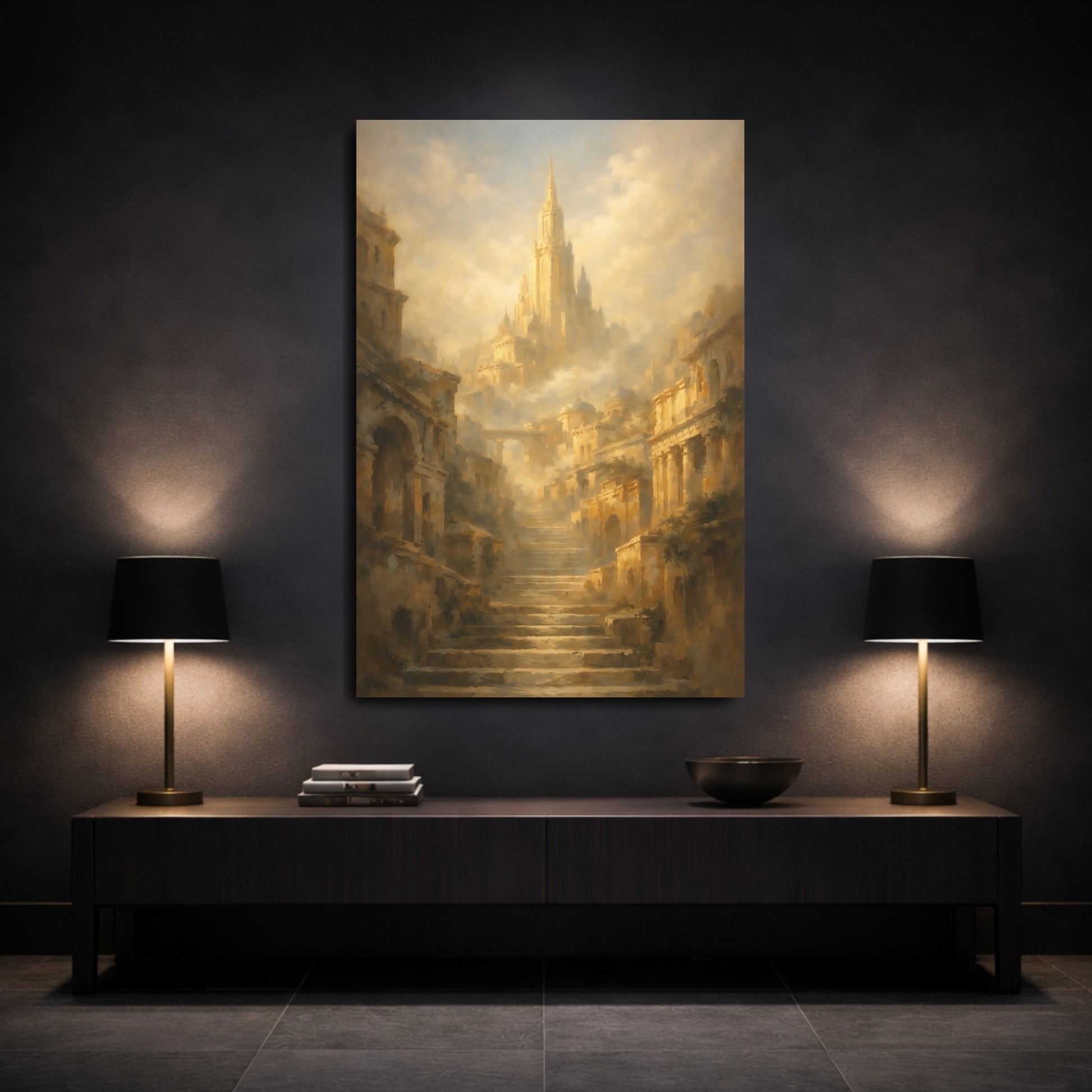 Mockup 2. Fairytale Fantasy City Golden Cityscape shown as stretched canvas wall art