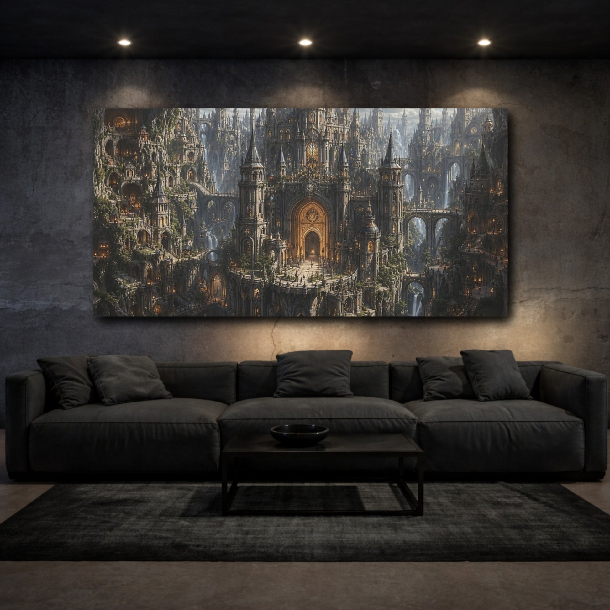 Mockup 2. Fairytale Fantasy City Golden Cityscape shown as stretched canvas wall art