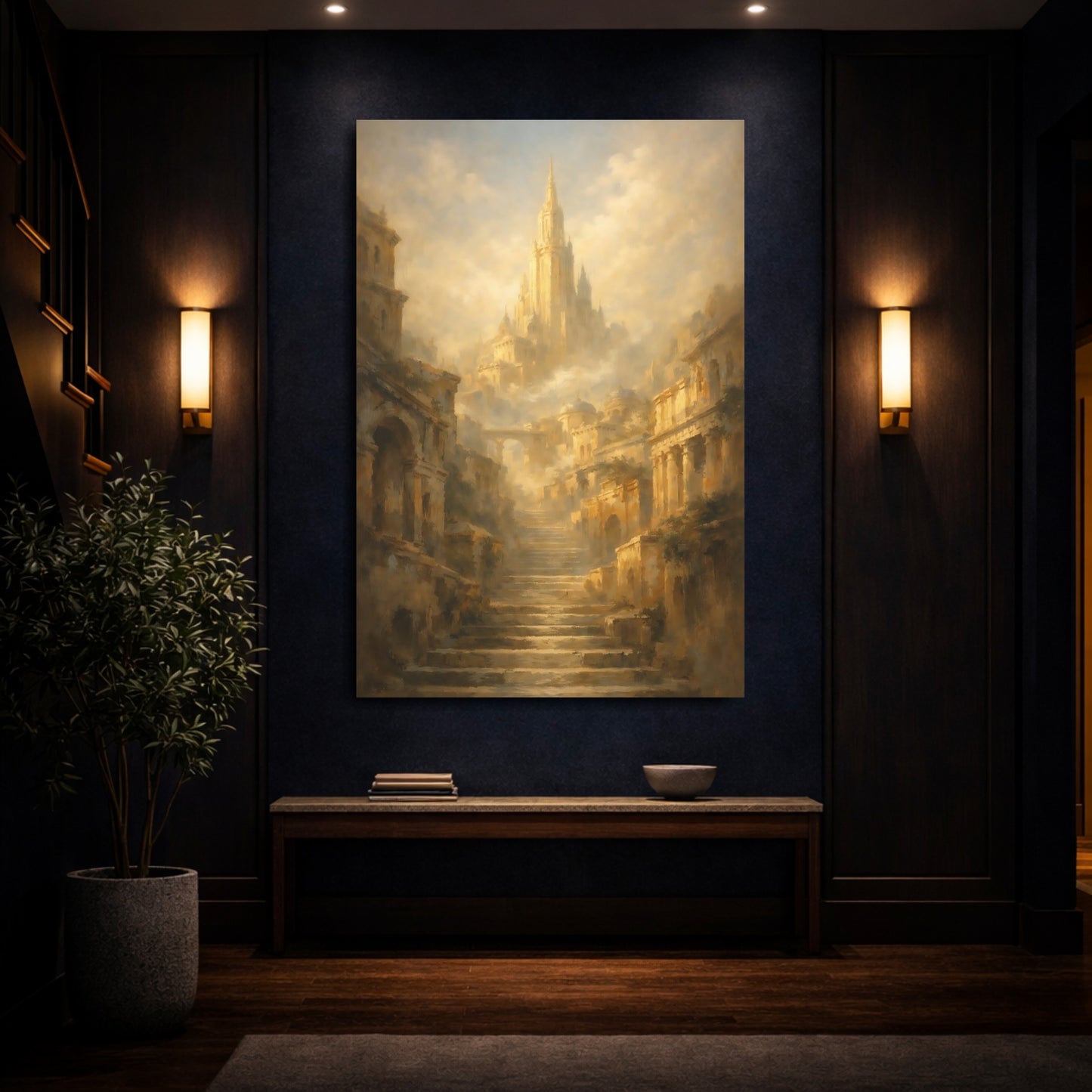 Mockup 3. Fairytale Fantasy City Golden Cityscape shown as stretched canvas wall art