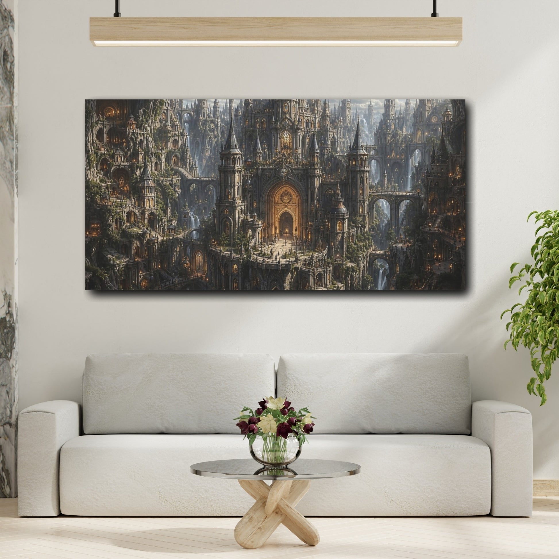 Mockup 3. Fairytale Fantasy City Golden Cityscape shown as stretched canvas wall art
