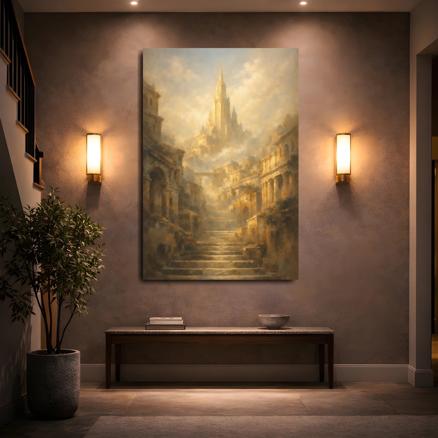 Mockup 4. Fairytale Fantasy City Golden Cityscape shown as stretched canvas wall art