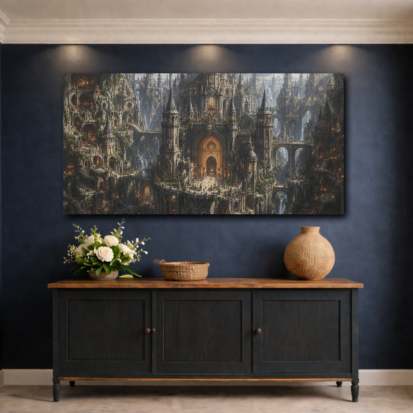 Mockup 4. Fairytale Fantasy City Golden Cityscape shown as stretched canvas wall art