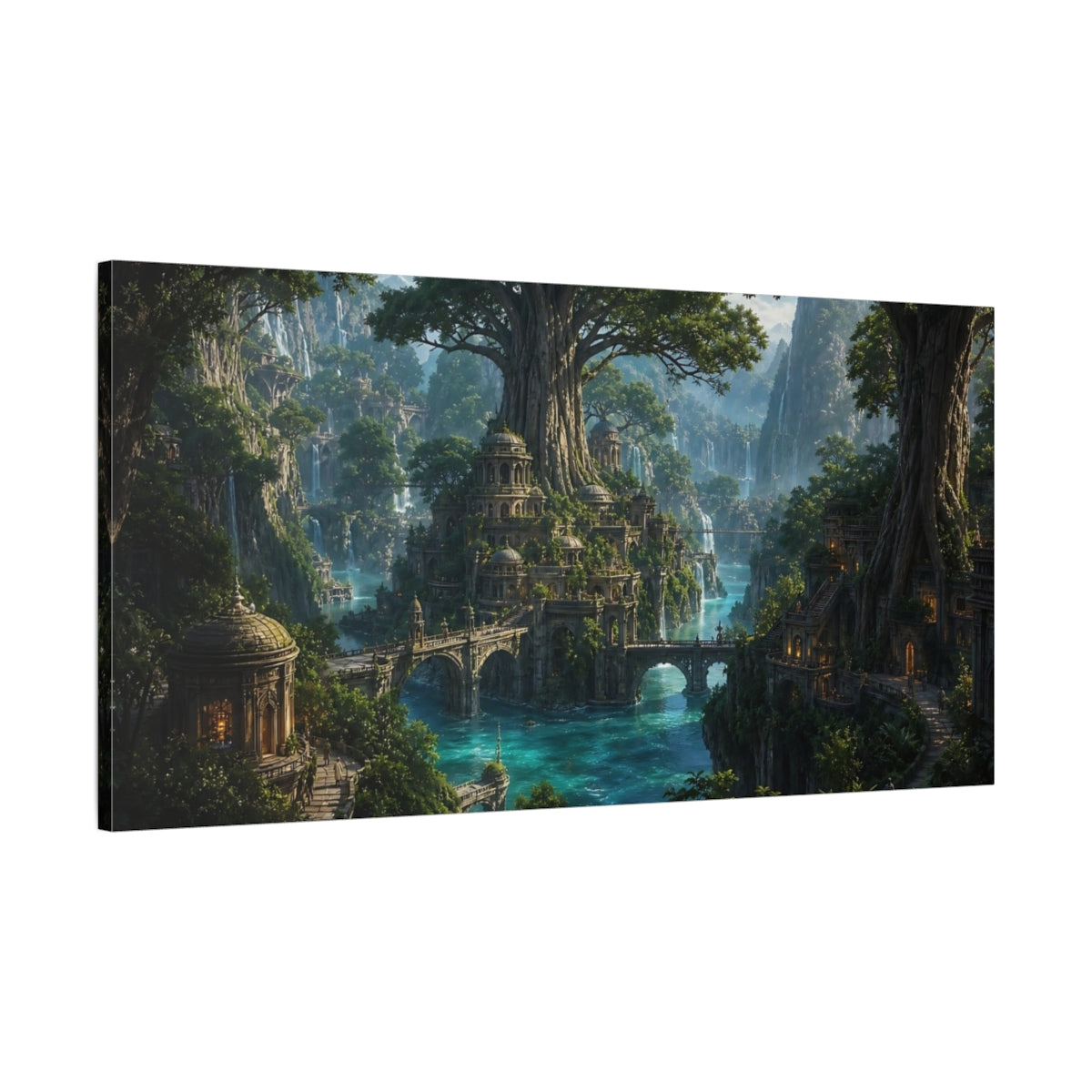 Main Mockup. Fairytale Fantasy City Green And Blue shown as stretched canvas wall art