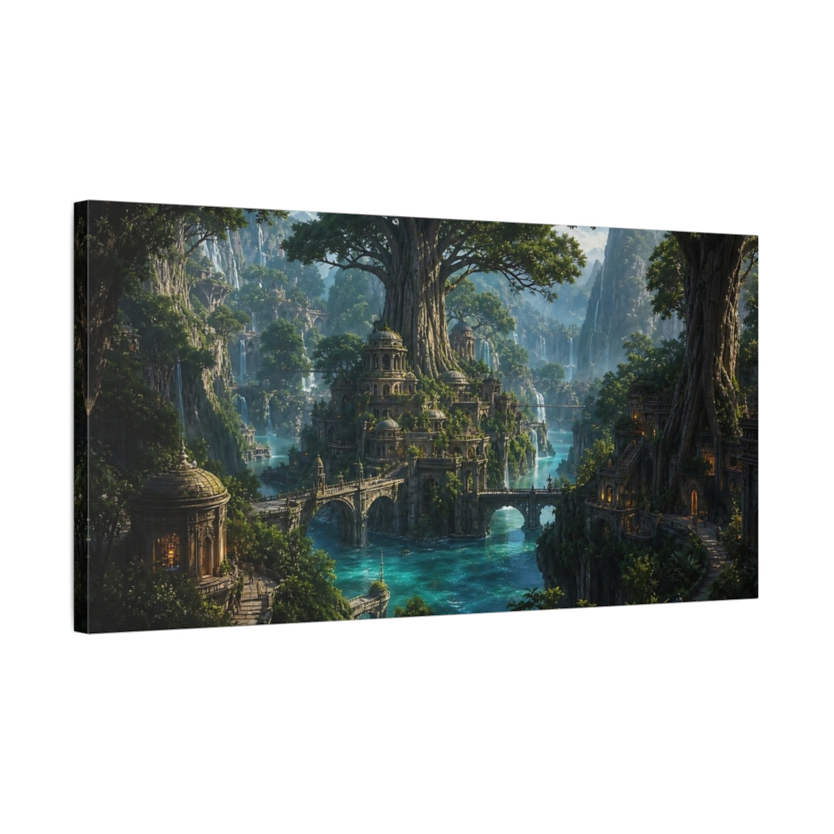 Side Mockup 1. Fairytale Fantasy City Green And Blue shown as stretched canvas wall art