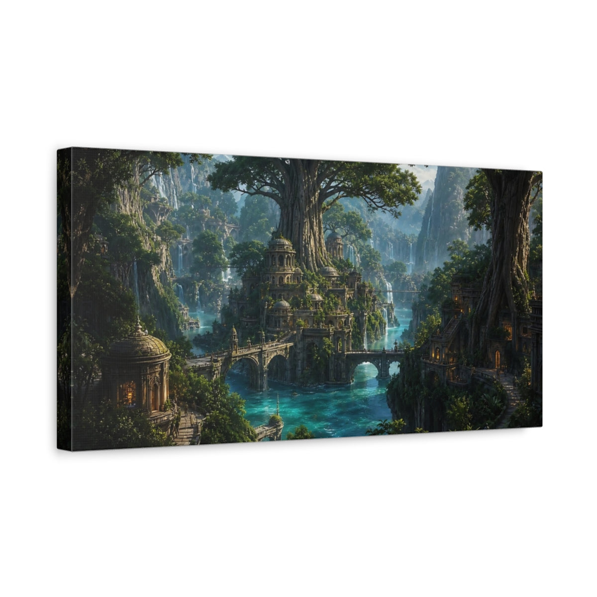 Side Mockup 3. Fairytale Fantasy City Green And Blue shown as stretched canvas wall art