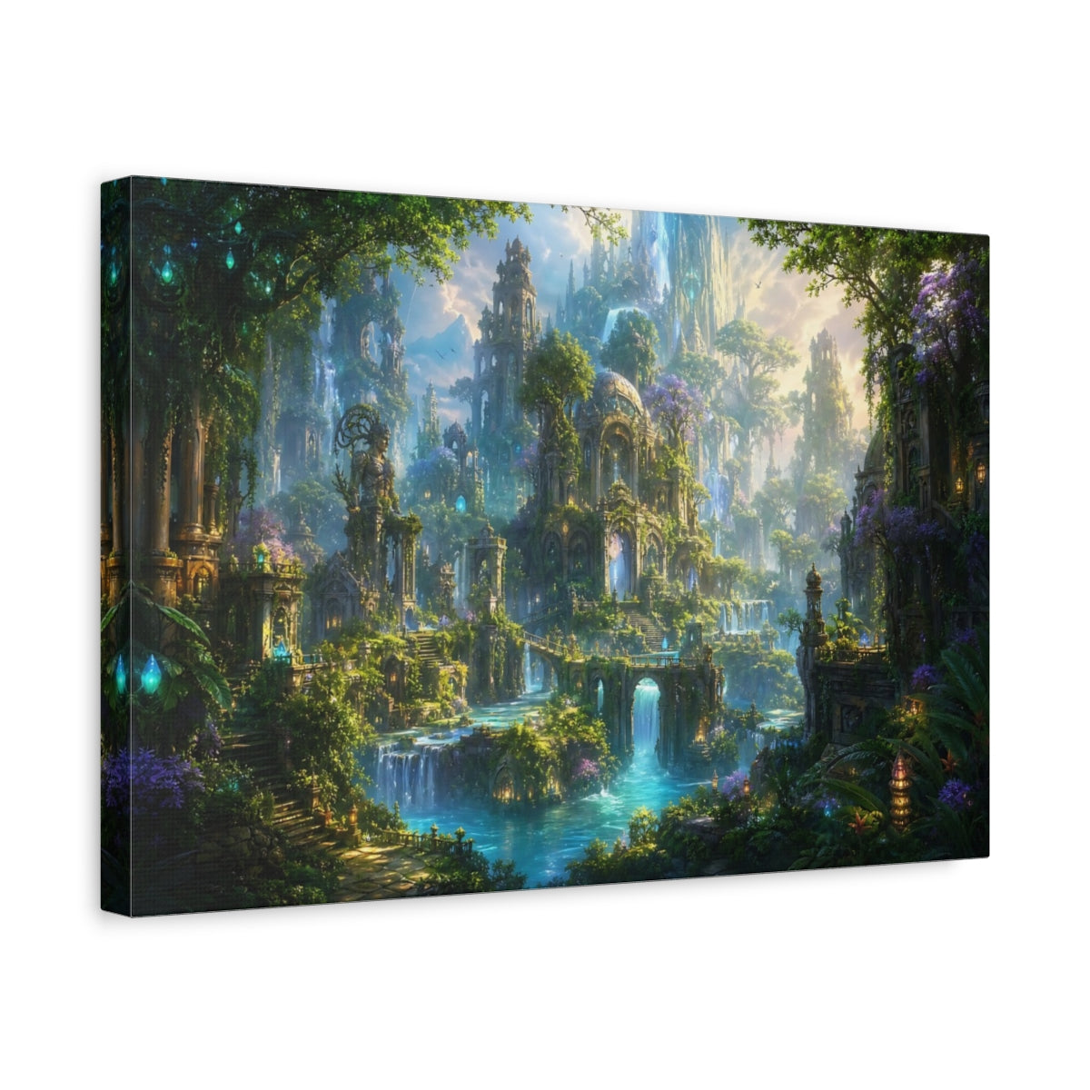 Side Mockup 4. Fairytale Fantasy City Green And Blue City shown as stretched canvas wall art