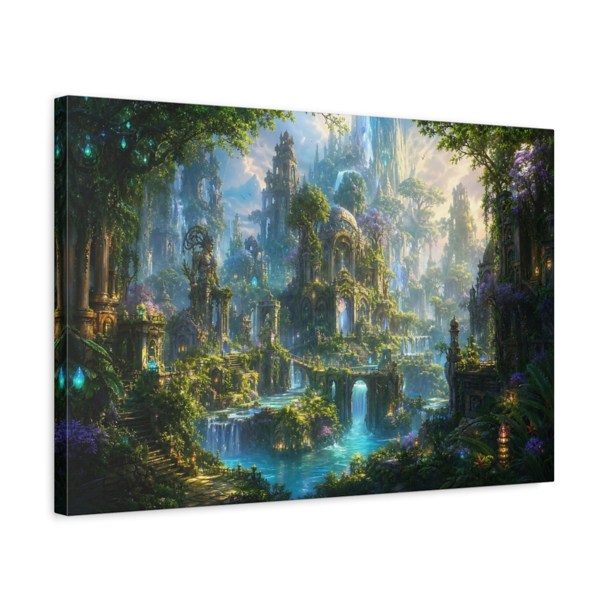 Side Mockup 3. Fairytale Fantasy City Green And Blue City shown as stretched canvas wall art