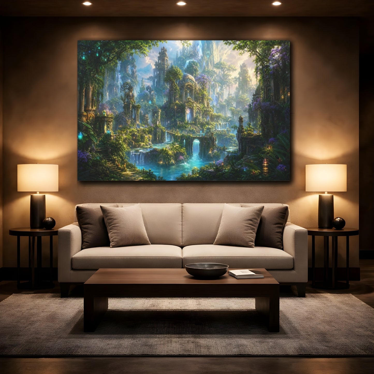 Mockup 2. Fairytale Fantasy City Green And Blue City shown as stretched canvas wall art
