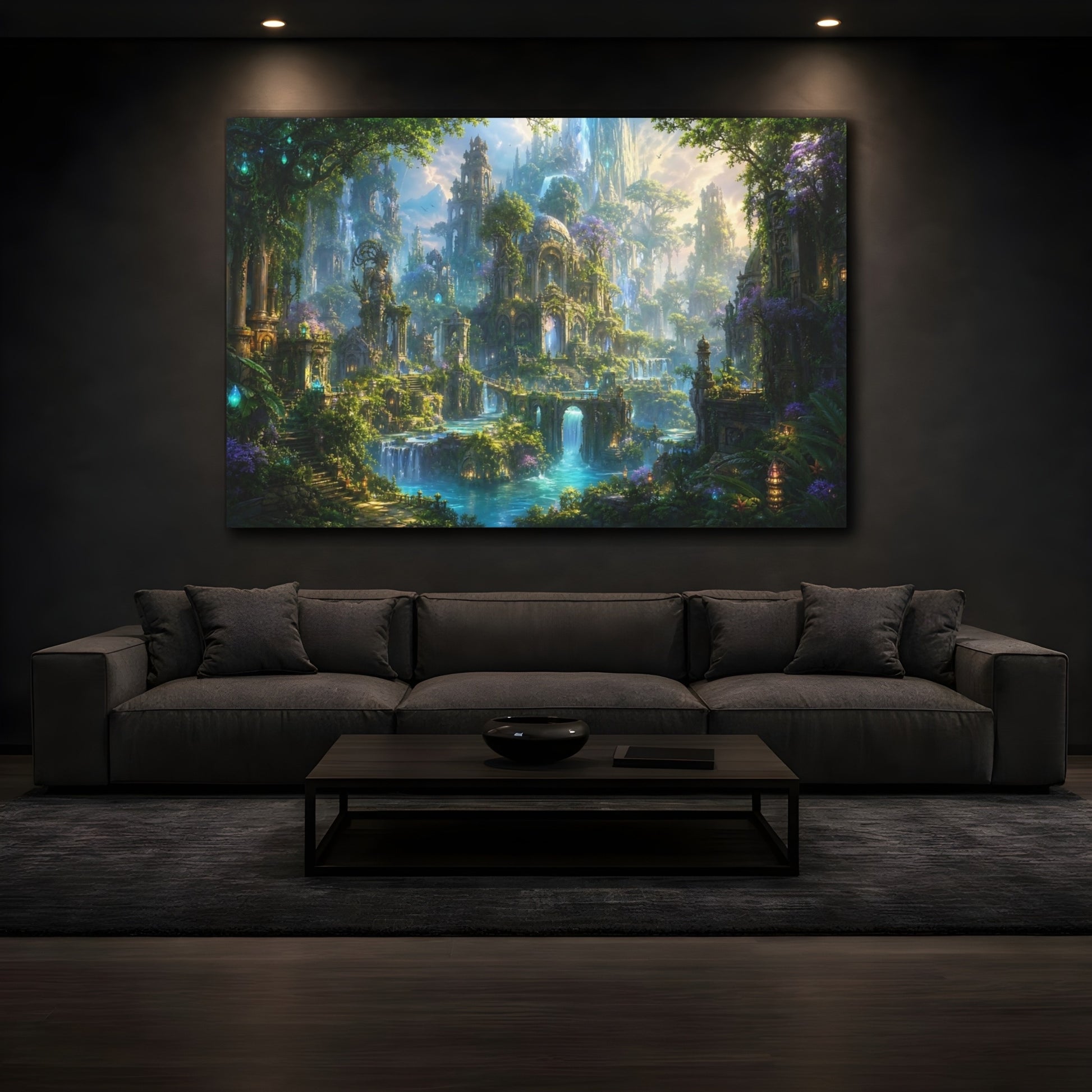 Mockup 3. Fairytale Fantasy City Green And Blue City shown as stretched canvas wall art