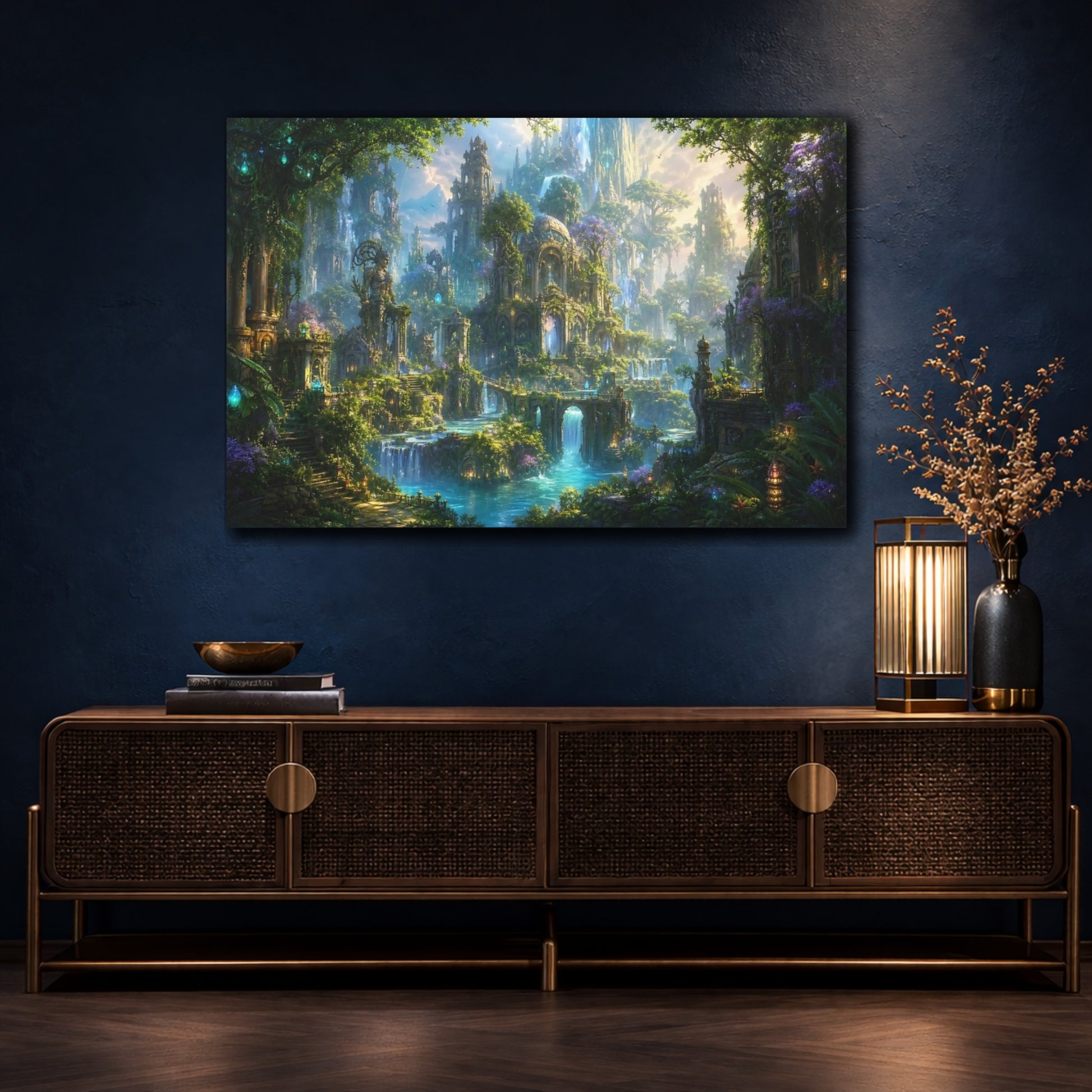 Mockup 4. Fairytale Fantasy City Green And Blue City shown as stretched canvas wall art