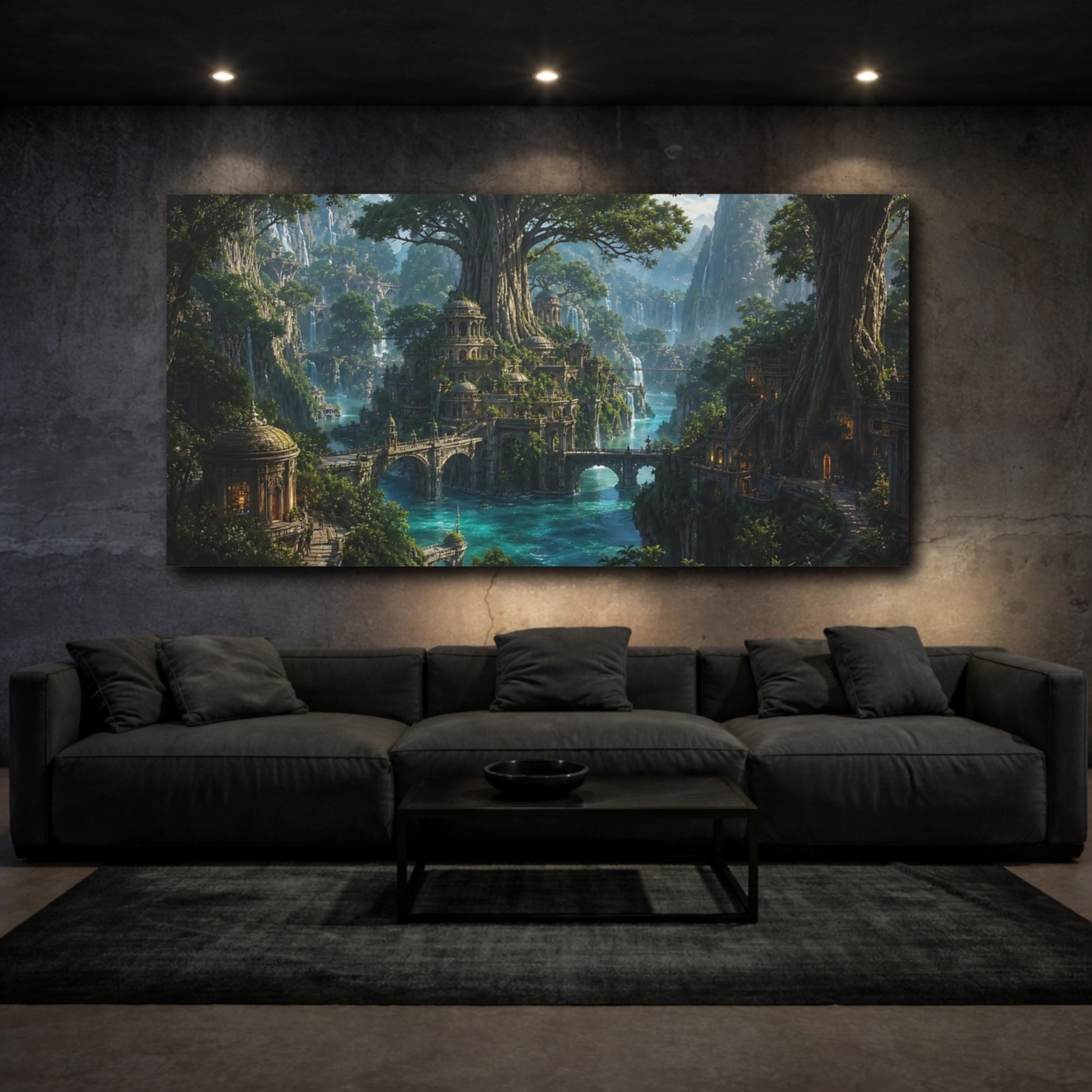 Mockup 2. Fairytale Fantasy City Green And Blue shown as stretched canvas wall art