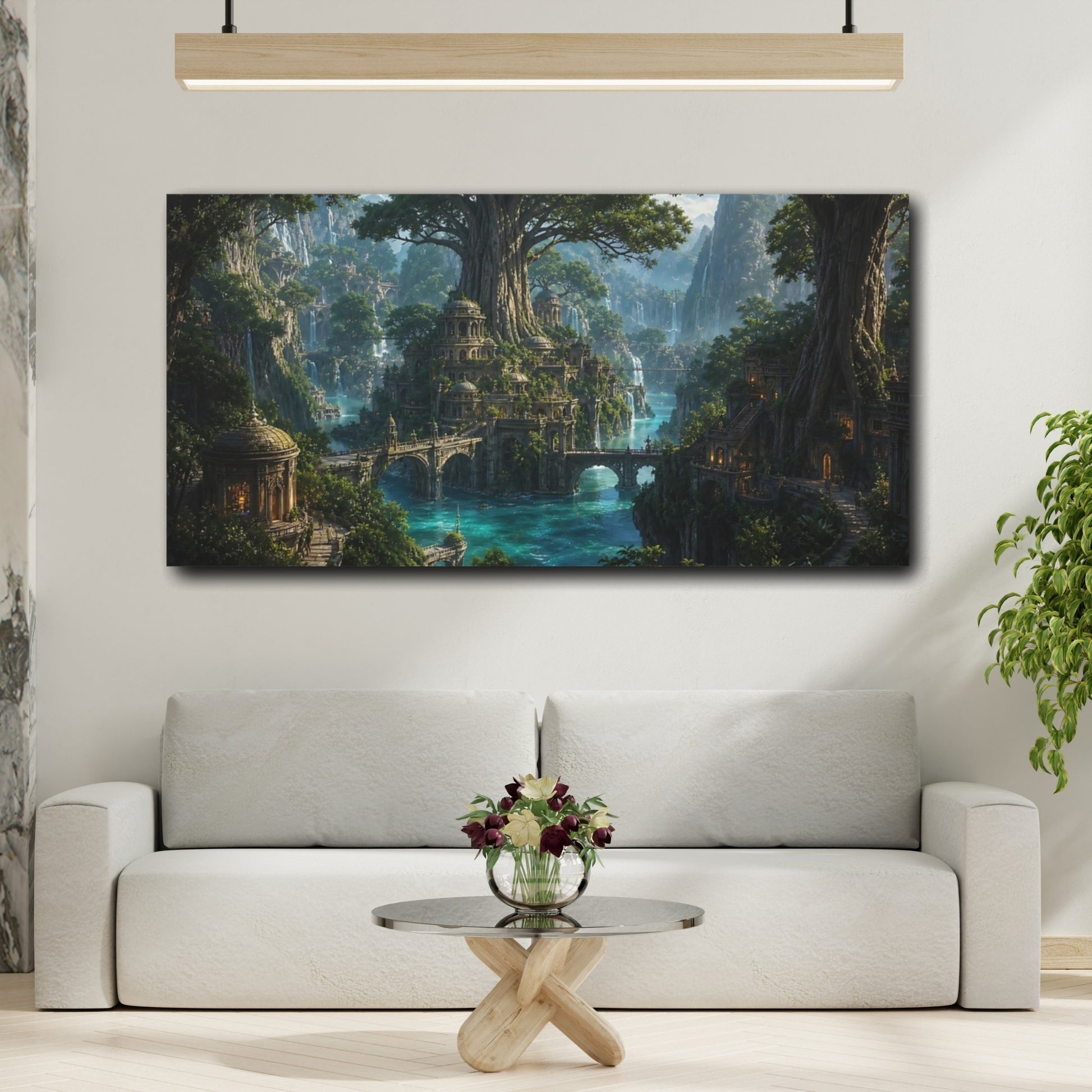 Mockup 3. Fairytale Fantasy City Green And Blue shown as stretched canvas wall art