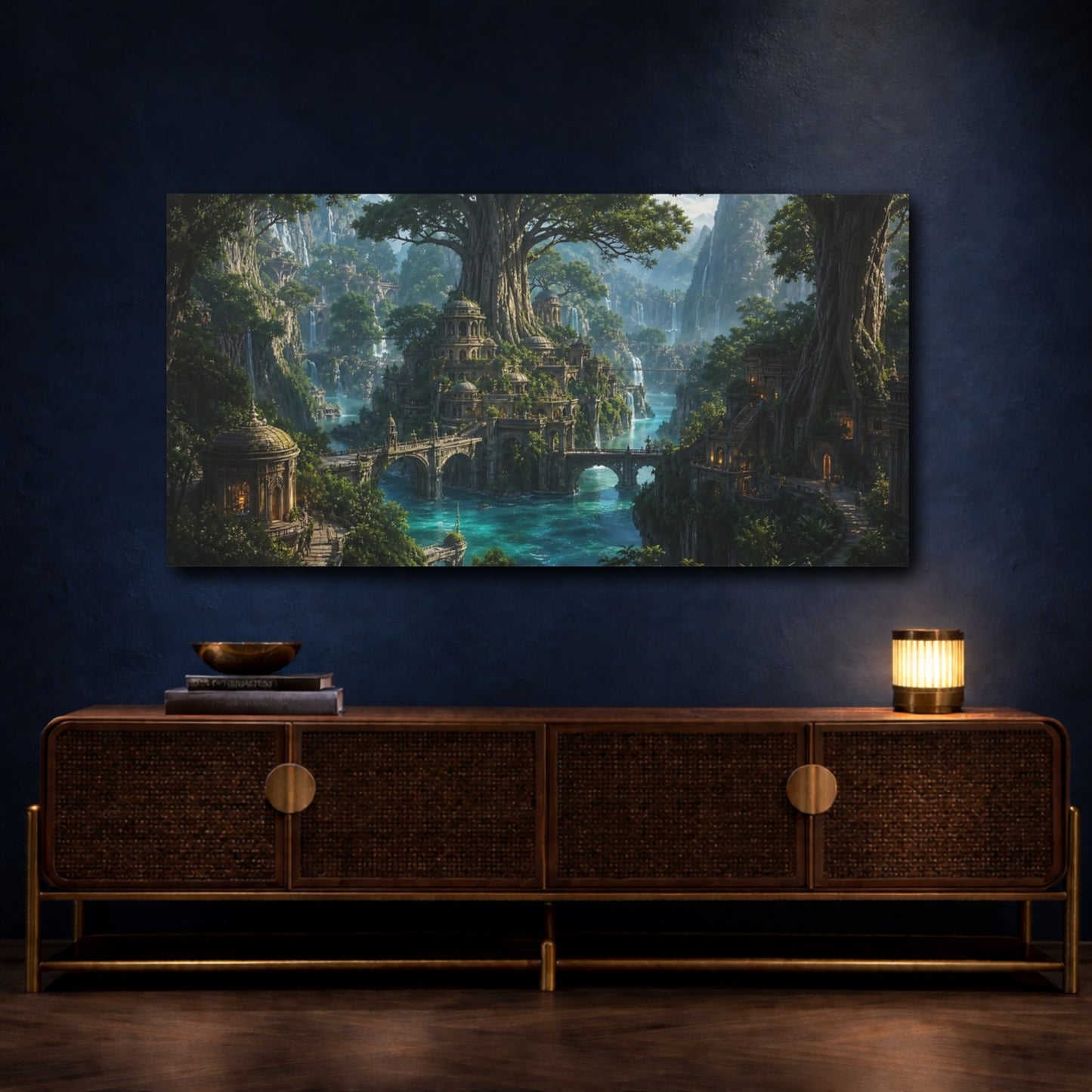 Mockup 4. Fairytale Fantasy City Green And Blue shown as stretched canvas wall art