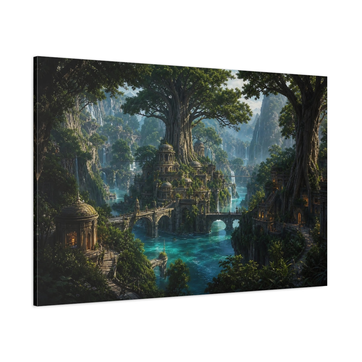 Side Mockup 1. Fairytale Fantasy City Green Blue Fantasy shown as stretched canvas wall art