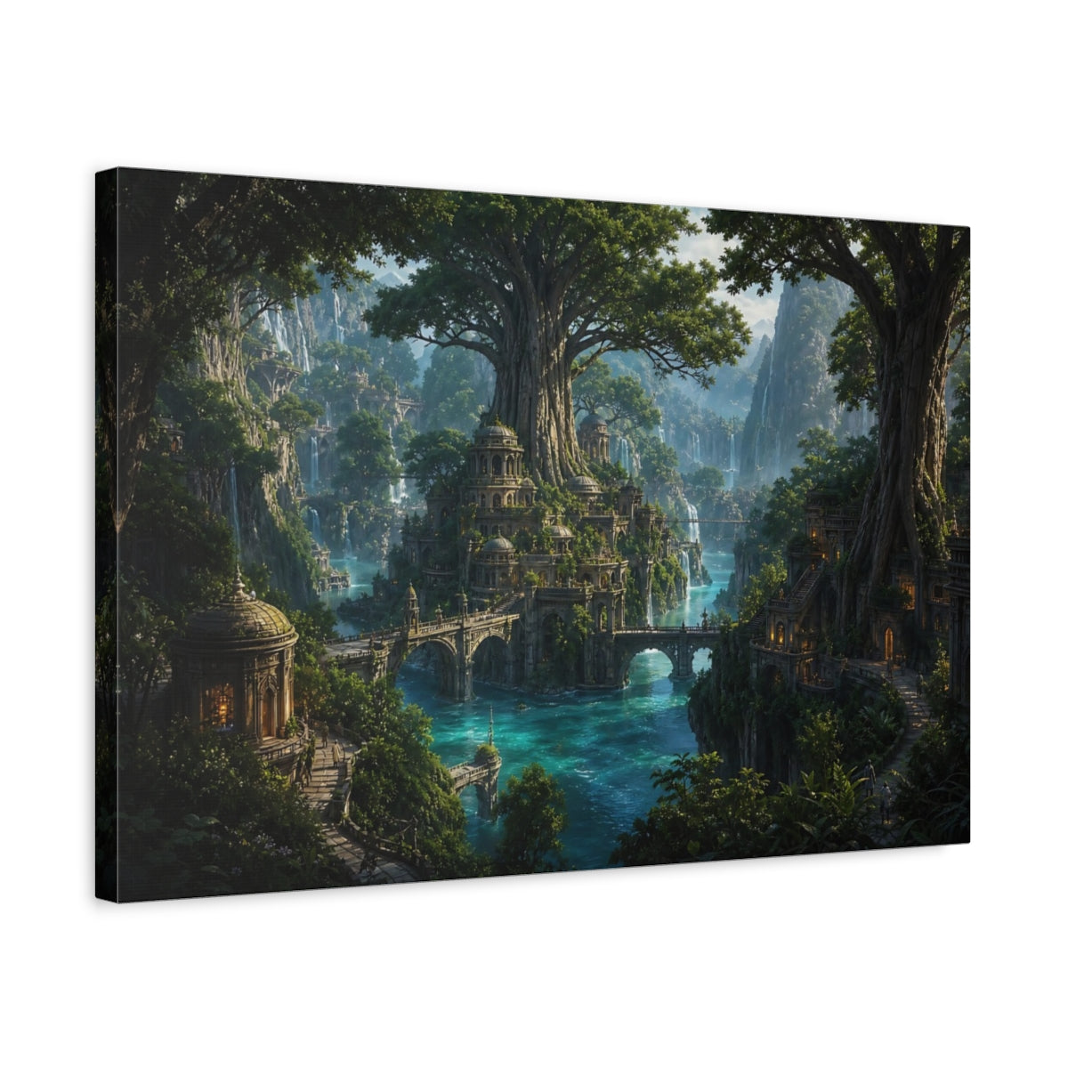 Side Mockup 3. Fairytale Fantasy City Green Blue Fantasy shown as stretched canvas wall art