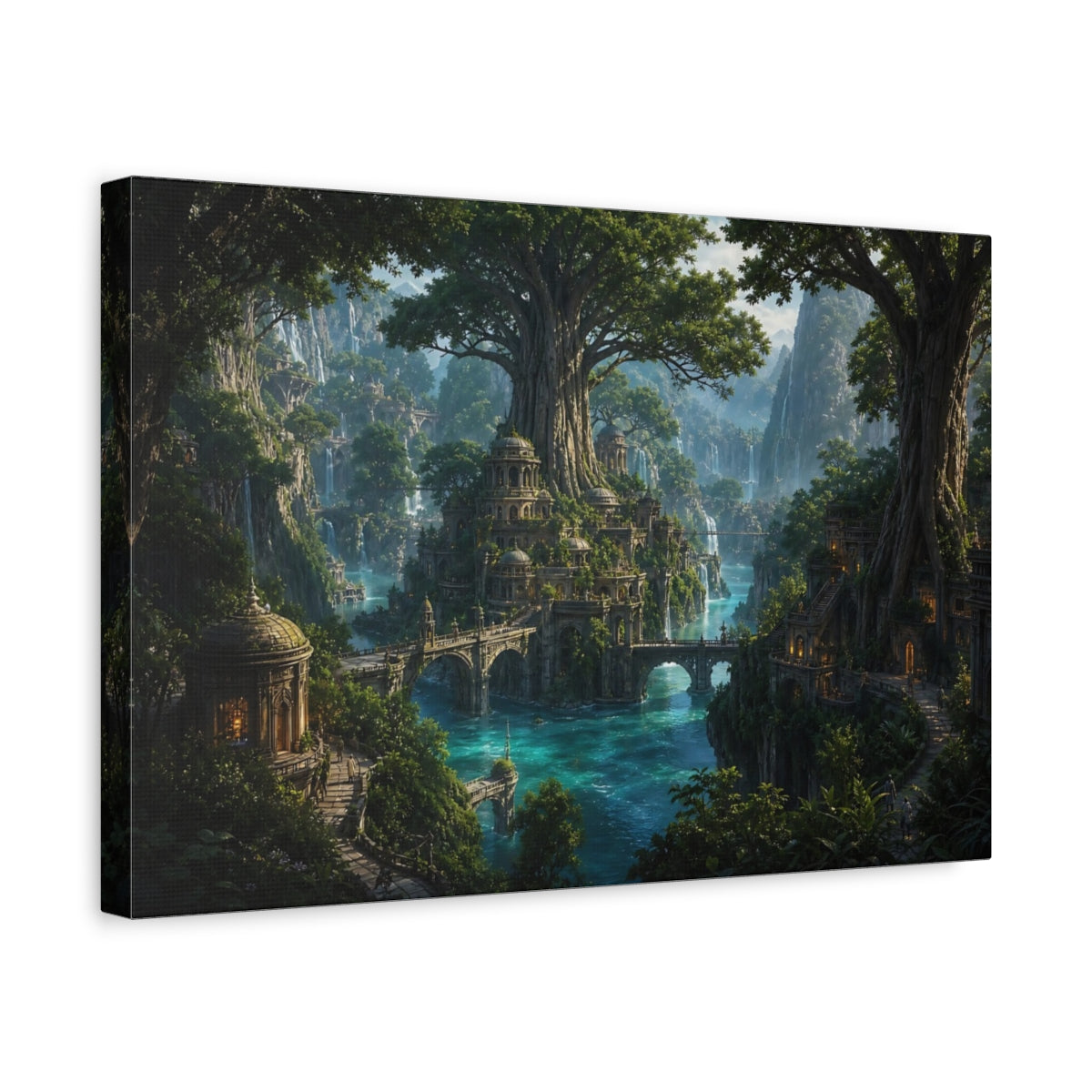 Side Mockup 4. Fairytale Fantasy City Green Blue Fantasy shown as stretched canvas wall art