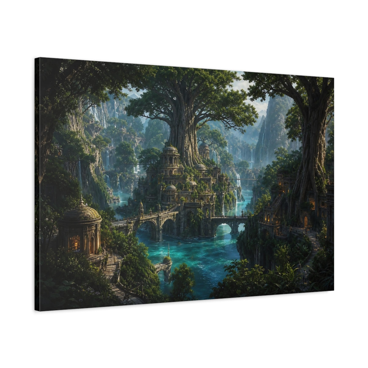 Main Mockup. Fairytale Fantasy City Green Blue Fantasy shown as stretched canvas wall art