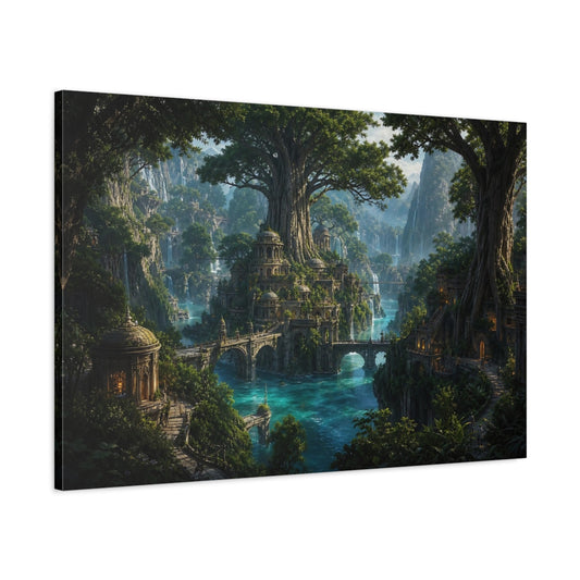 Main Mockup. Fairytale Fantasy City Green Blue Fantasy shown as stretched canvas wall art