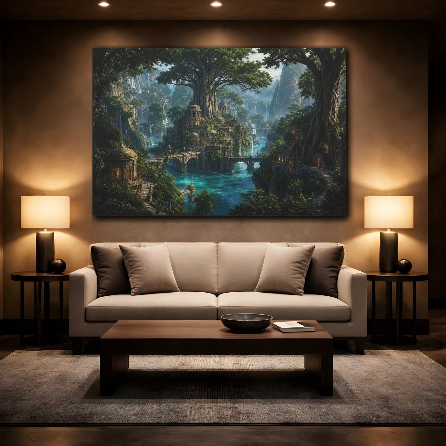 Mockup 2. Fairytale Fantasy City Green Blue Fantasy shown as stretched canvas wall art