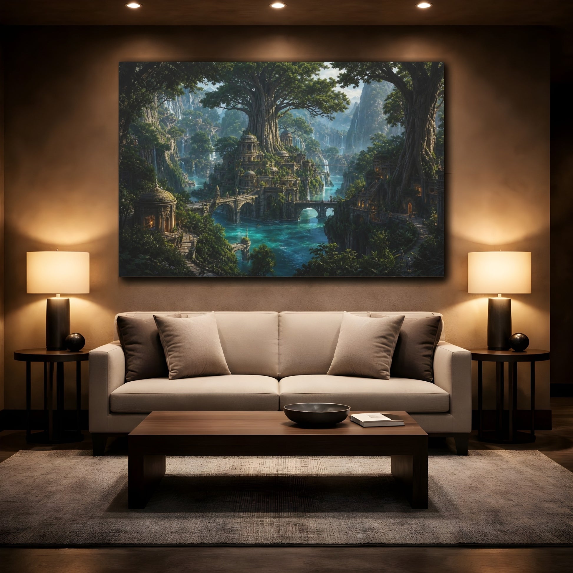 Mockup 2. Fairytale Fantasy City Green Blue Fantasy shown as stretched canvas wall art