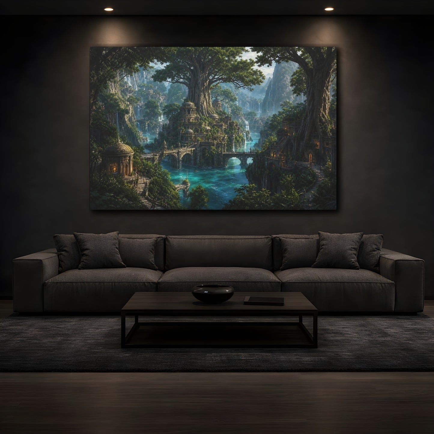 Mockup 3. Fairytale Fantasy City Green Blue Fantasy shown as stretched canvas wall art