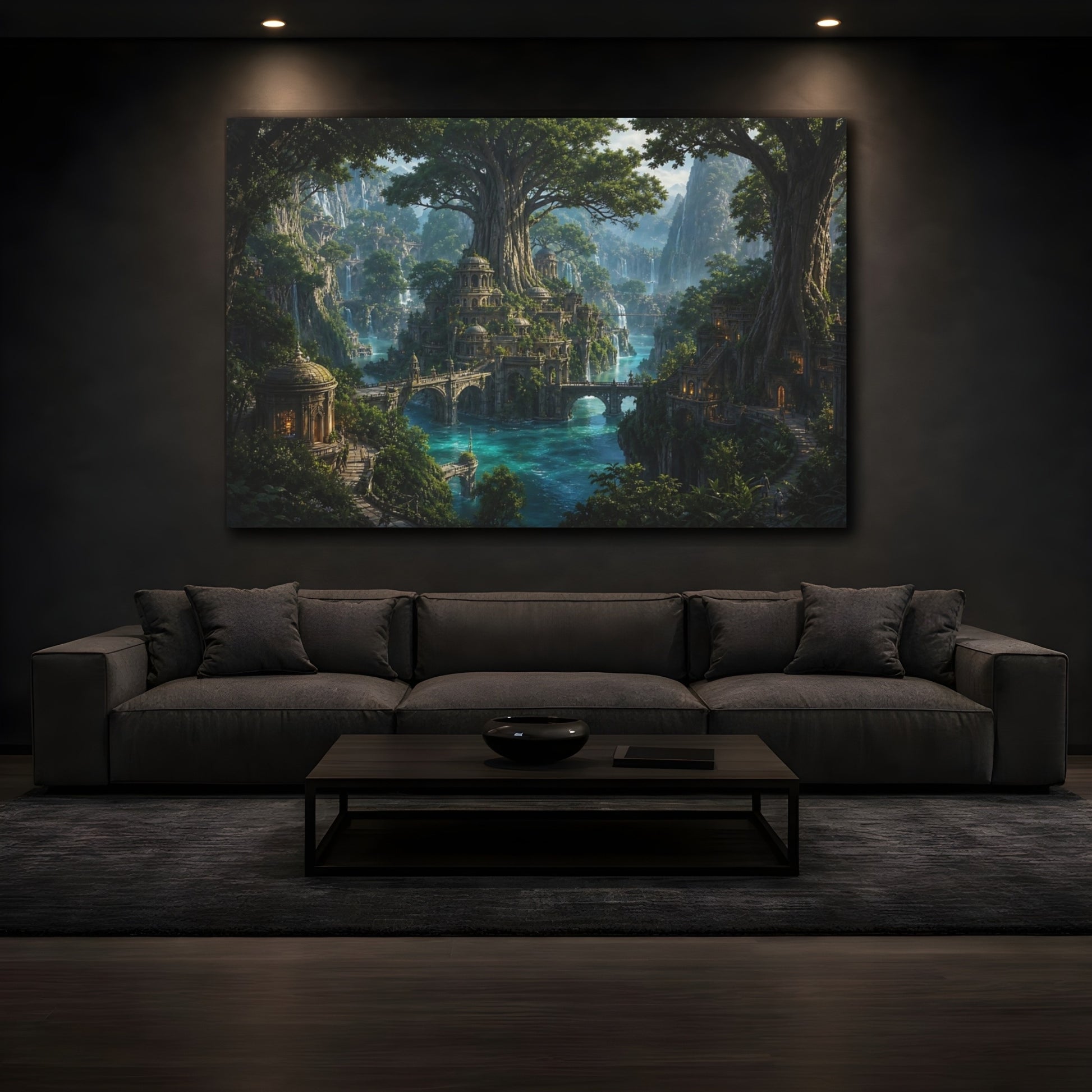 Mockup 3. Fairytale Fantasy City Green Blue Fantasy shown as stretched canvas wall art