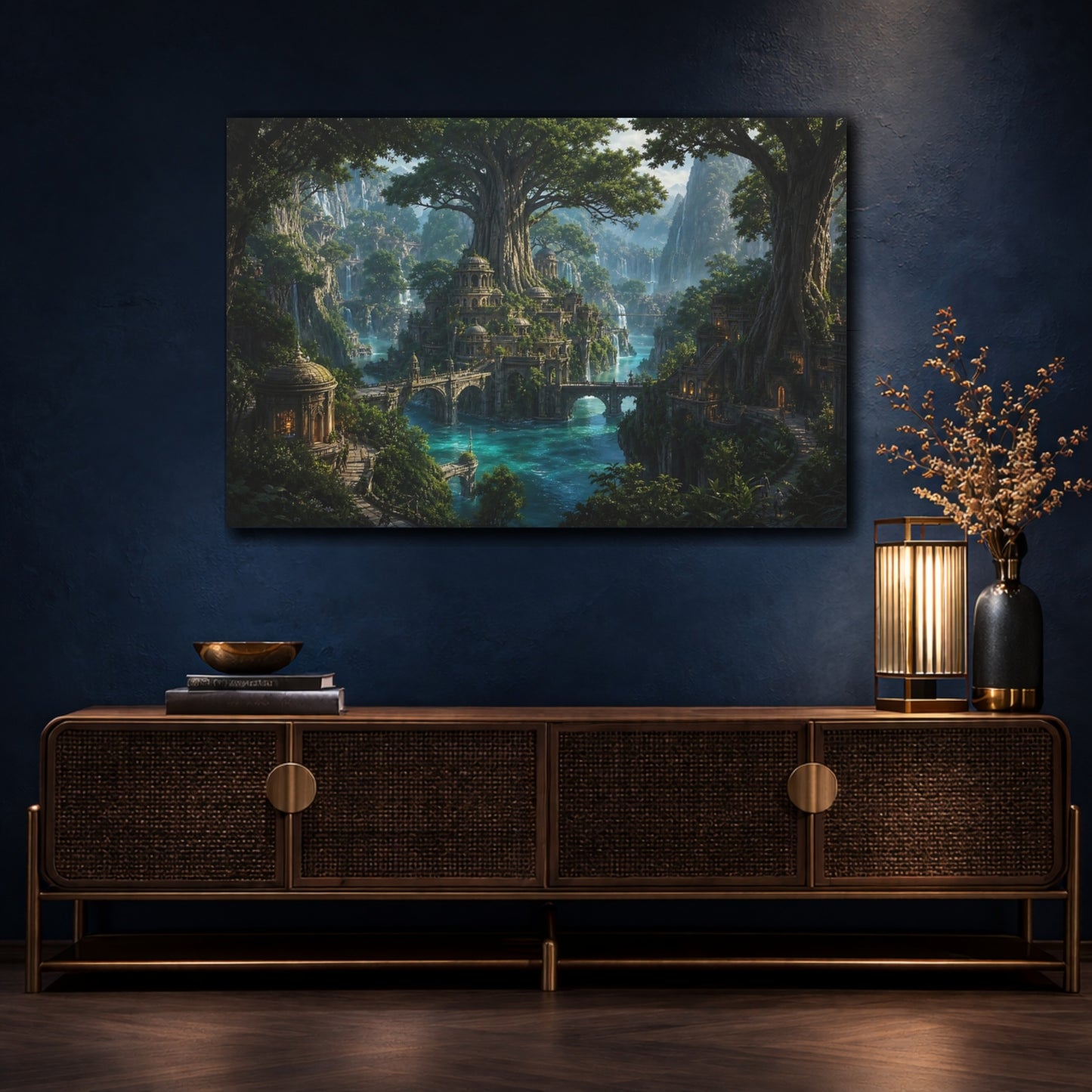 Mockup 4. Fairytale Fantasy City Green Blue Fantasy shown as stretched canvas wall art