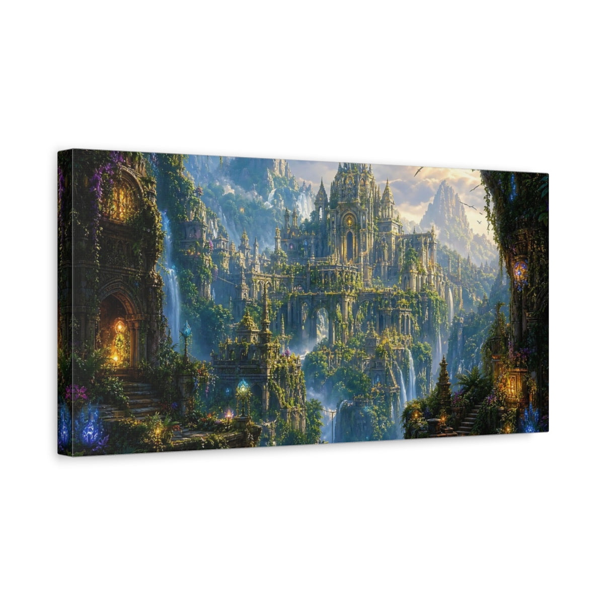 Side Mockup 3. Fairytale Fantasy City Green Fantasy City shown as stretched canvas wall art