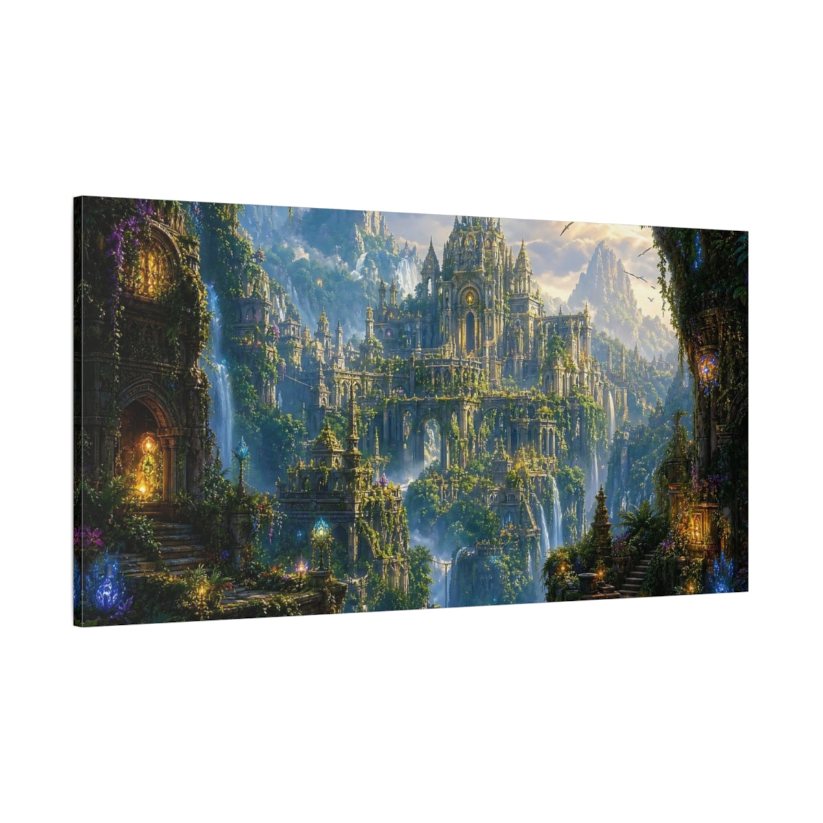 Side Mockup 2. Fairytale Fantasy City Green Fantasy City shown as stretched canvas wall art