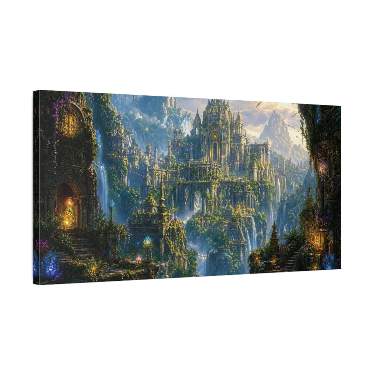 Side Mockup 1. Fairytale Fantasy City Green Fantasy City shown as stretched canvas wall art