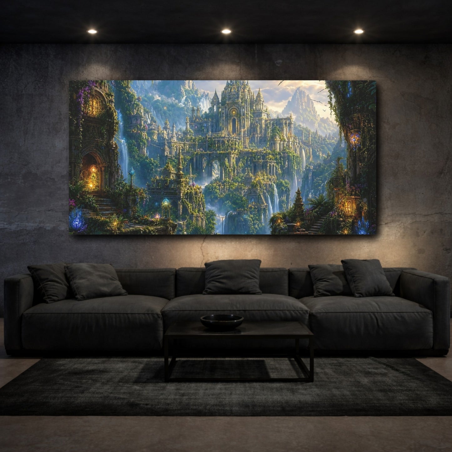 Mockup 2. Fairytale Fantasy City Green Fantasy City shown as stretched canvas wall art