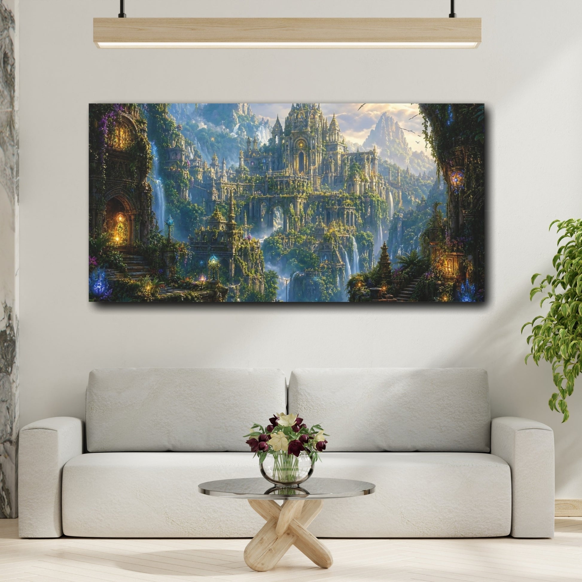 Mockup 3. Fairytale Fantasy City Green Fantasy City shown as stretched canvas wall art
