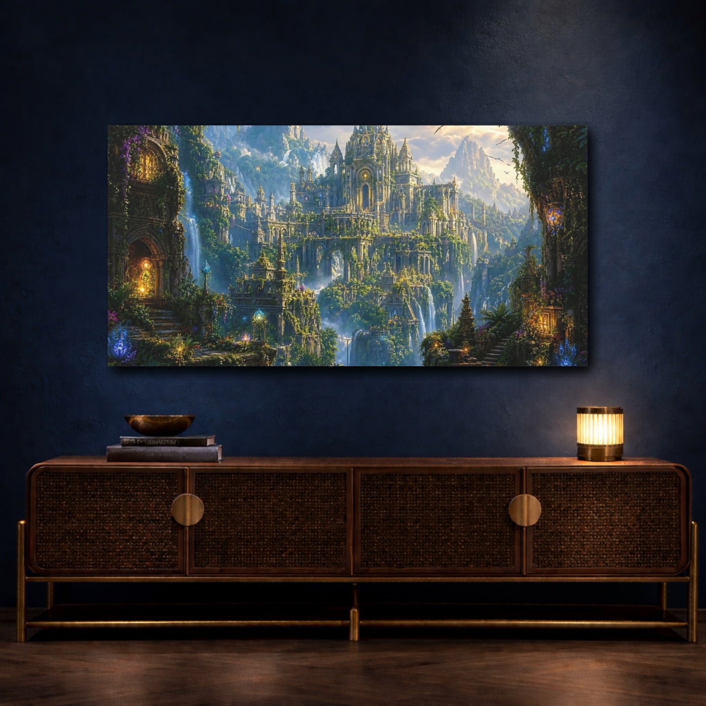 Mockup 4. Fairytale Fantasy City Green Fantasy City shown as stretched canvas wall art