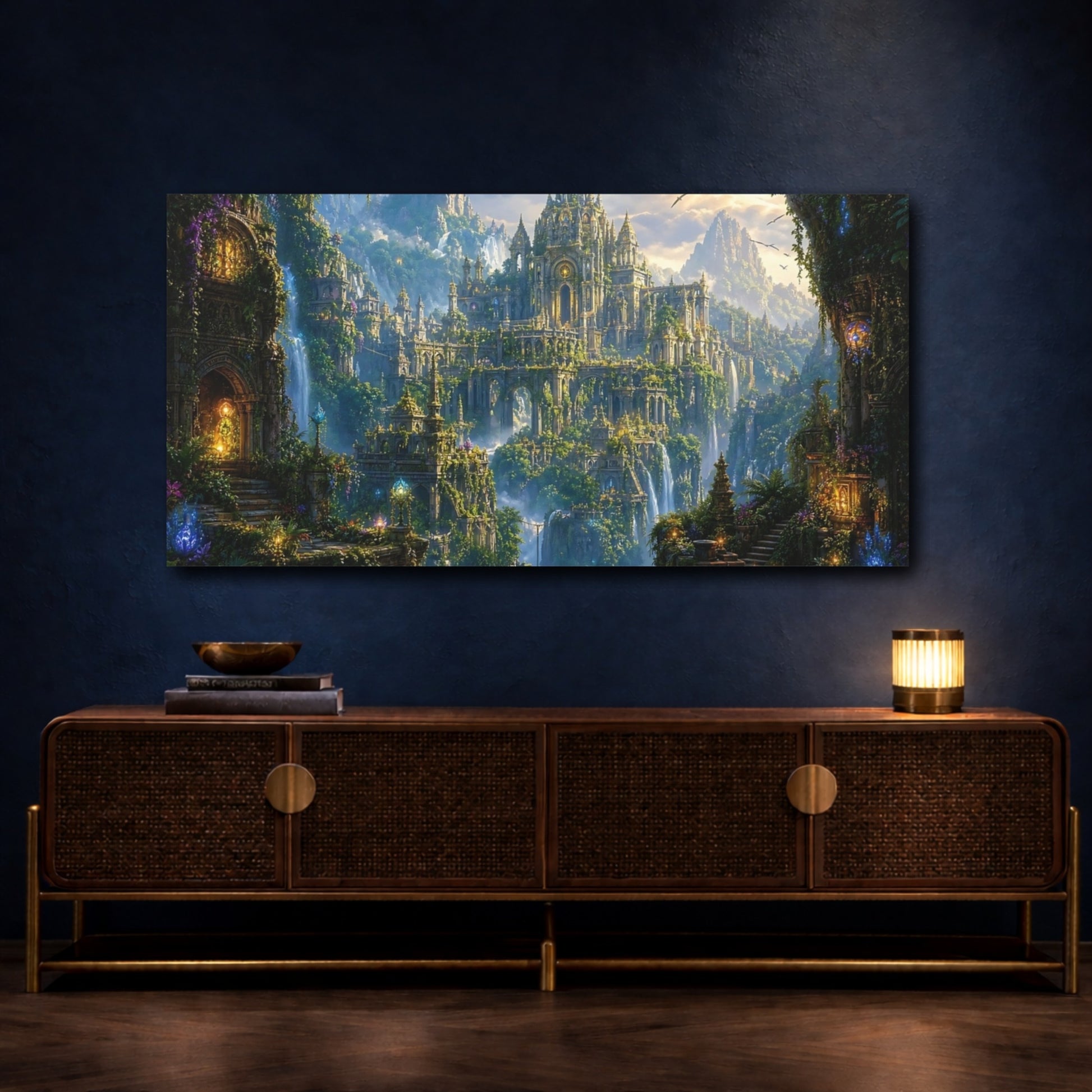 Mockup 4. Fairytale Fantasy City Green Fantasy City shown as stretched canvas wall art