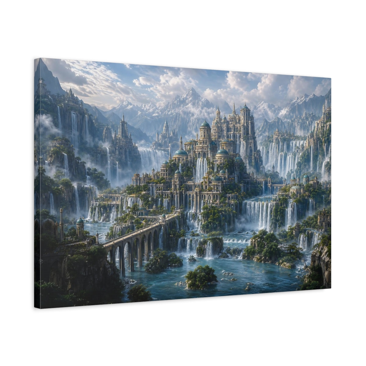 Side Mockup 2. Fairytale Fantasy City Fantasy City Landscape shown as stretched canvas wall art