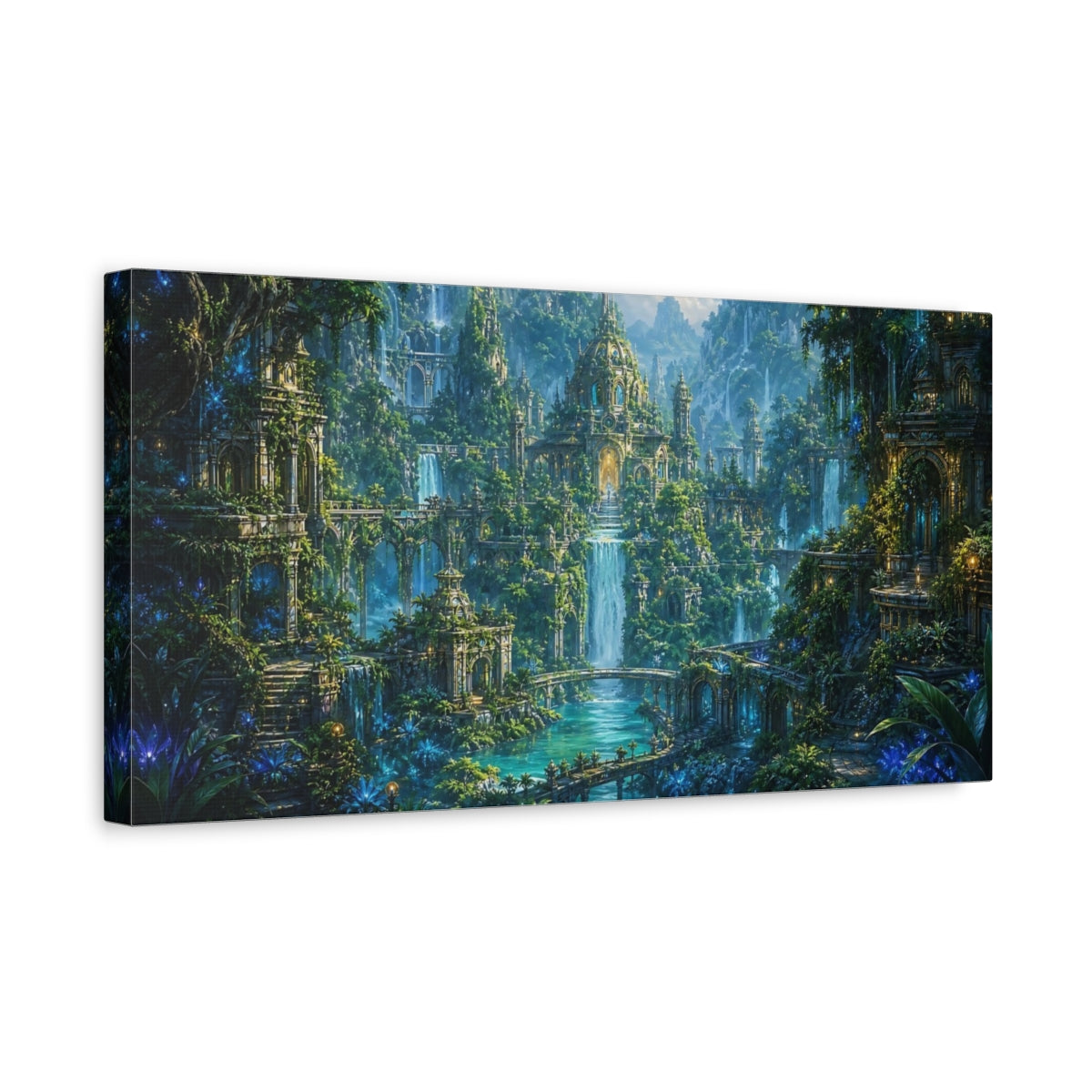 Side Mockup 3. Fairytale Fantasy City Lush Green Fantasy shown as stretched canvas wall art