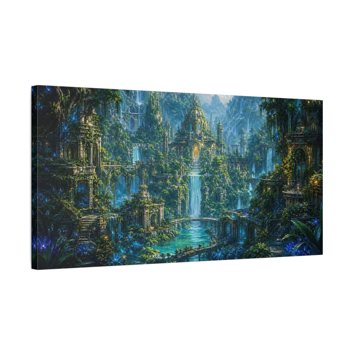 Side Mockup 1. Fairytale Fantasy City Lush Green Fantasy shown as stretched canvas wall art