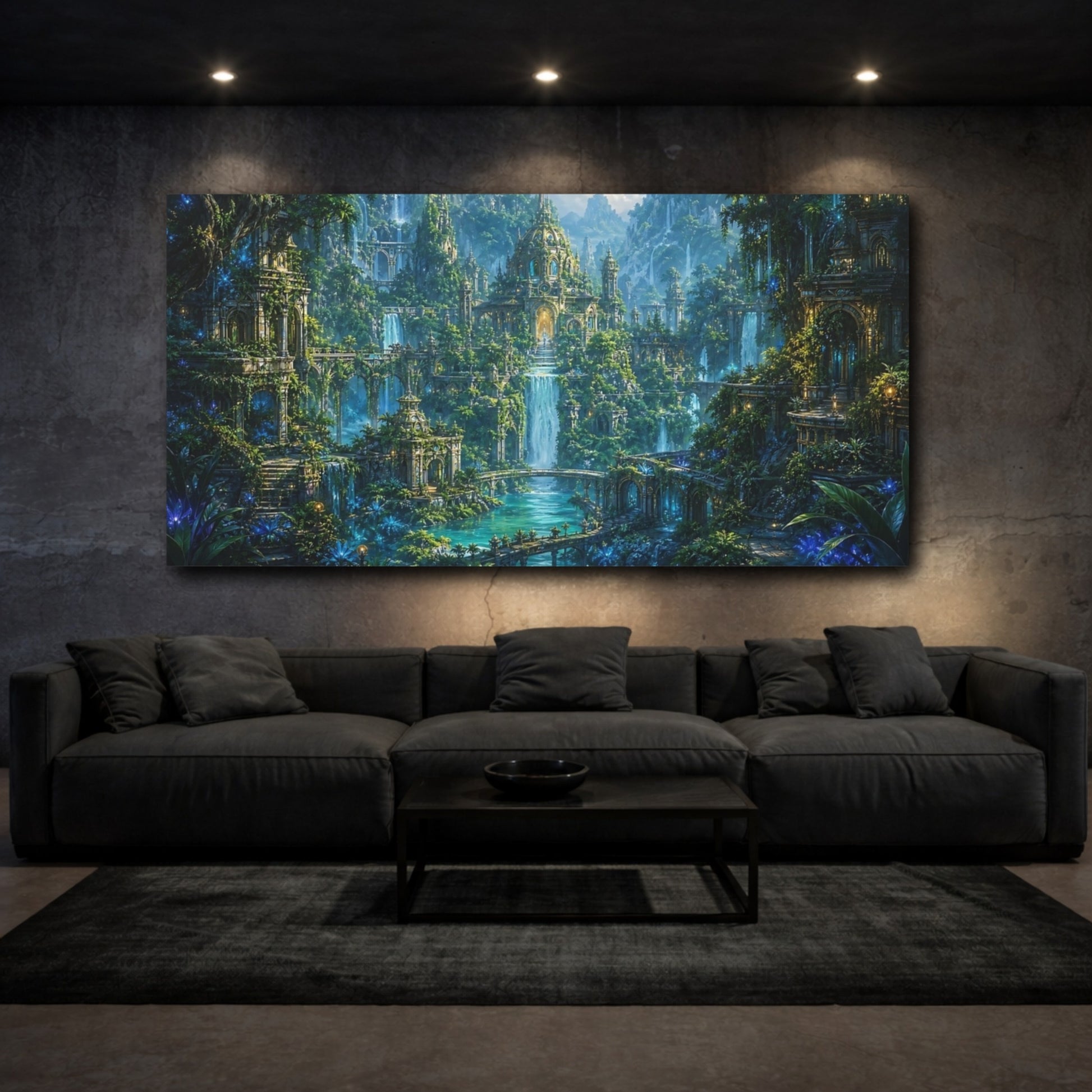 Mockup 2. Fairytale Fantasy City Lush Green Fantasy shown as stretched canvas wall art