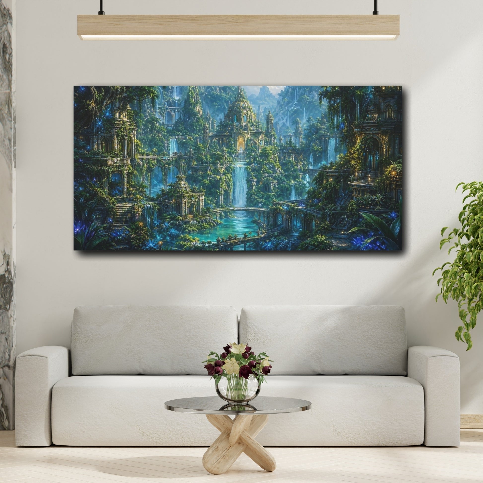 Mockup 3. Fairytale Fantasy City Lush Green Fantasy shown as stretched canvas wall art