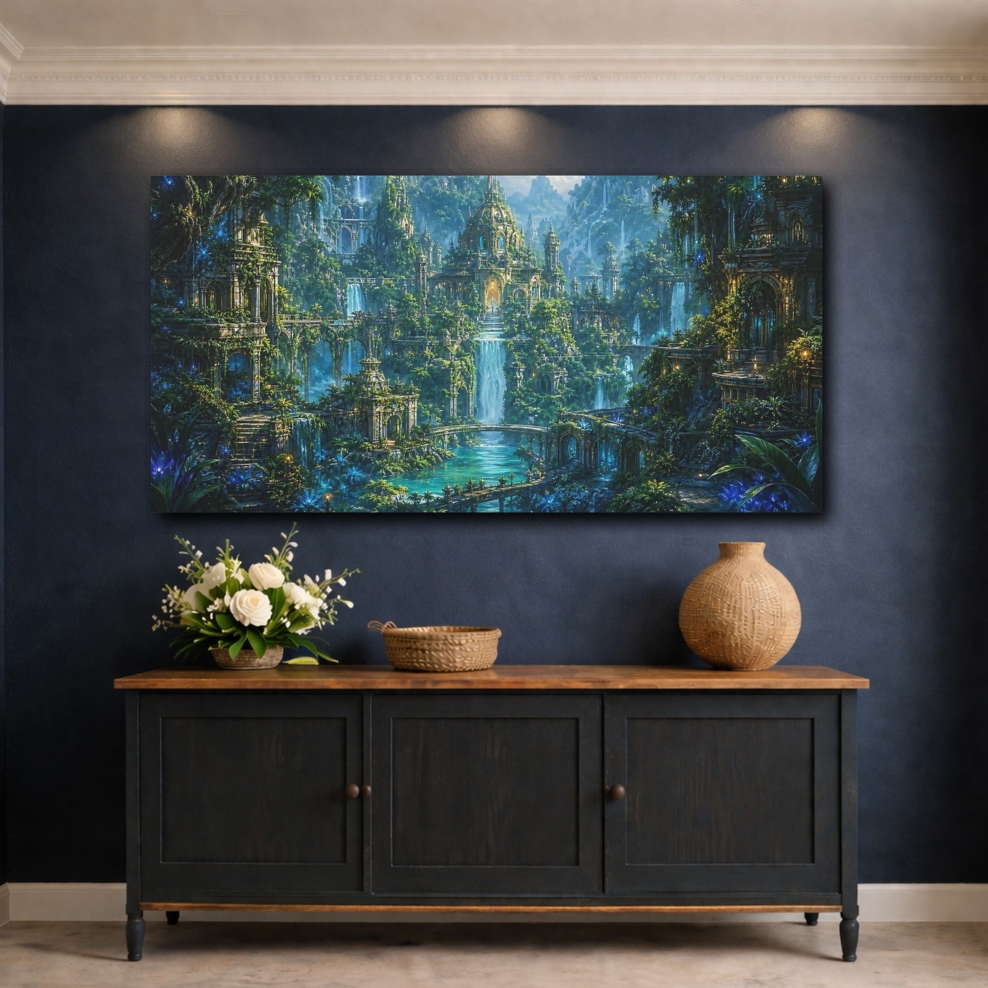 Mockup 4. Fairytale Fantasy City Lush Green Fantasy shown as stretched canvas wall art