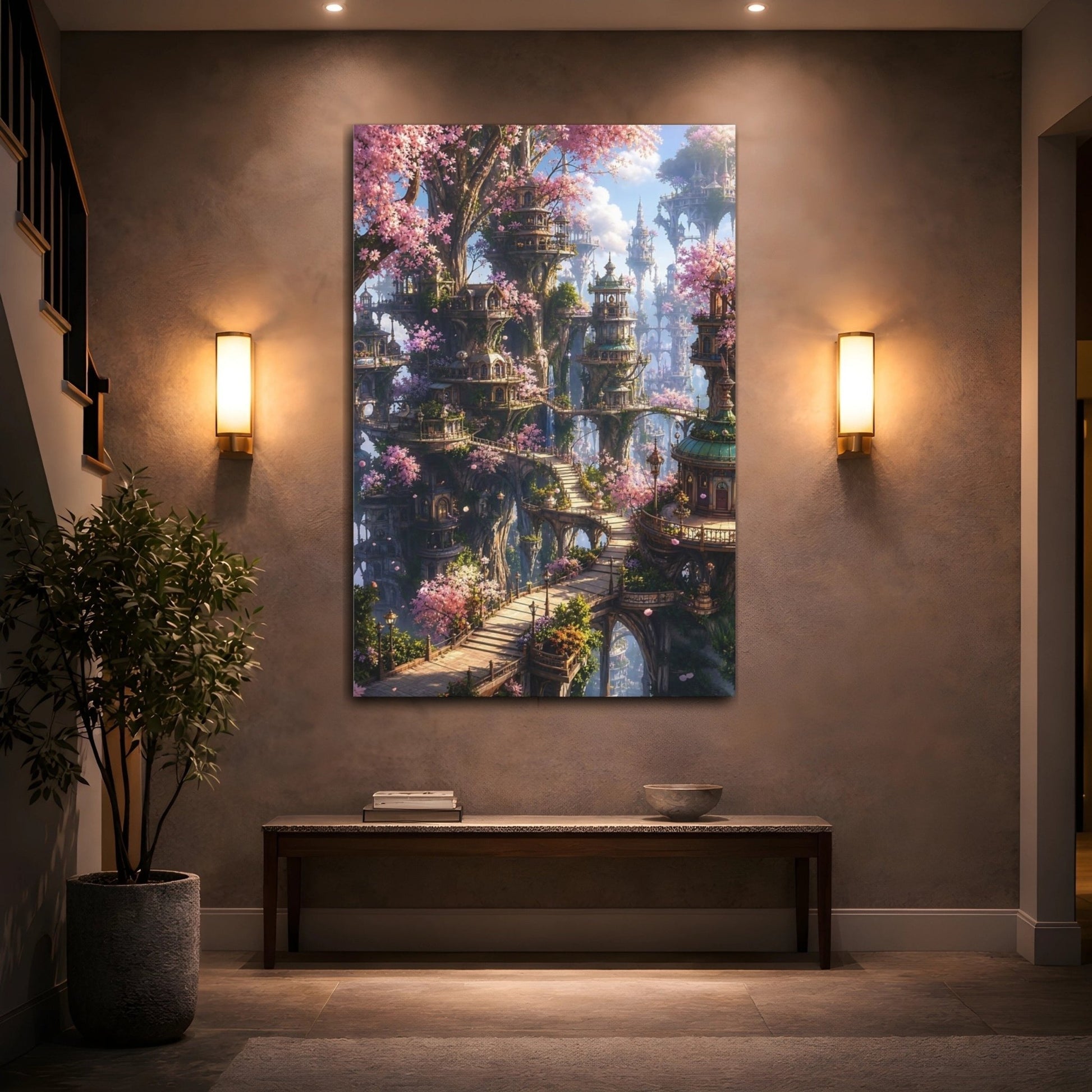Fairytale Fantasy City Pink Blossom Canvas Print – Living Room, Above Couch - YesArtYes